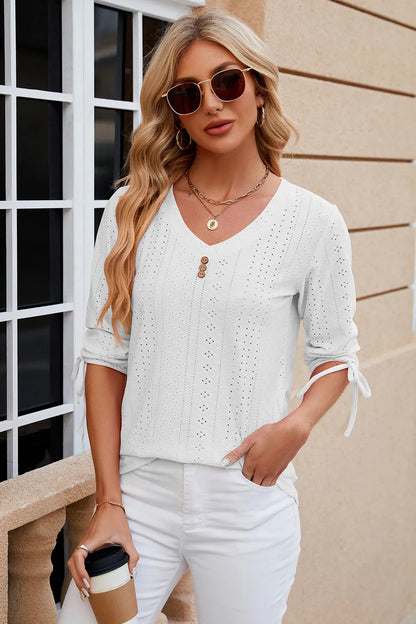 Button V-neck solid color mid sleeve loose T-shirt top for women's wear