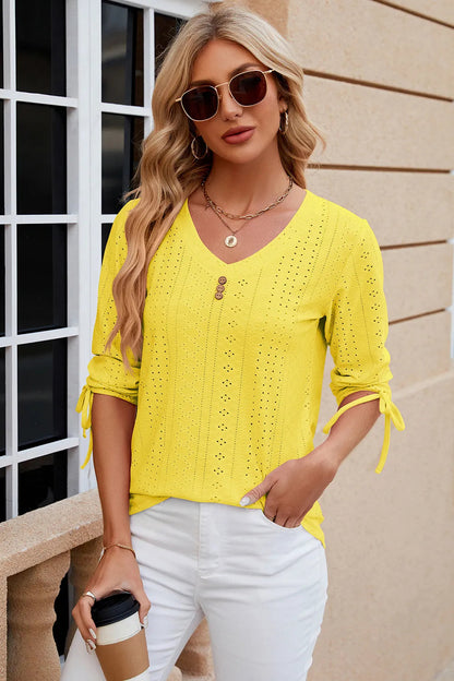 Button V-neck solid color mid sleeve loose T-shirt top for women's wear