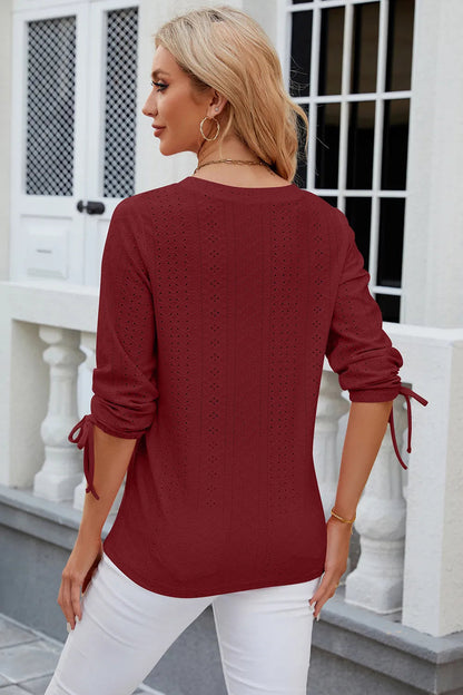 Button V-neck solid color mid sleeve loose T-shirt top for women's wear