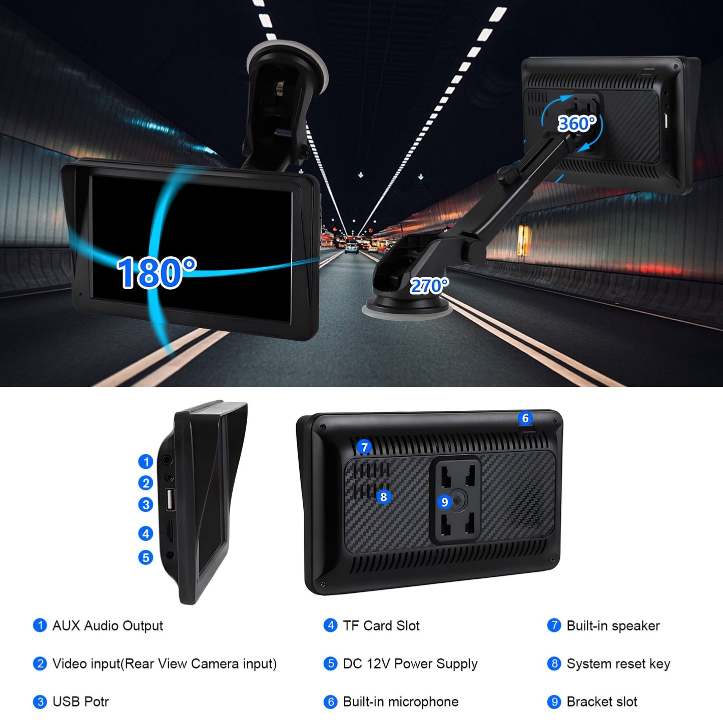 Portable Car Stereo Wireless CarPlay & Android Auto, Car Radio 7inches Touchscreen, Bluetooth5.0, Mirror Link, Maps Navigation, Voice Control, AUX Cable Vehicles