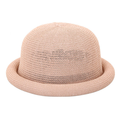 Women's Straw Yarn Curled Brim Round Crown Top Hat Leisure Basin Hat