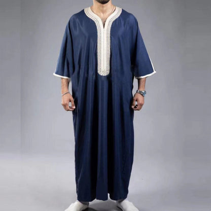 Arabic Robe Mid Short Sleeve Embroidered Navy Blue