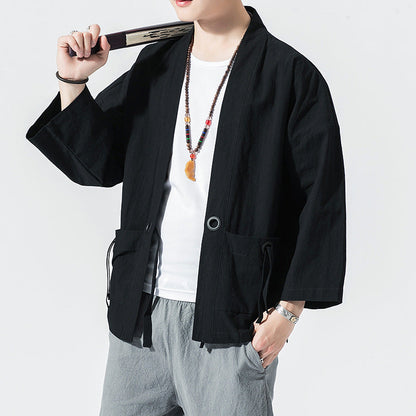 Chinese Style Cotton And Linen Cropped Sleeve Cardigan Baggy Coat Sun Protection Clothing