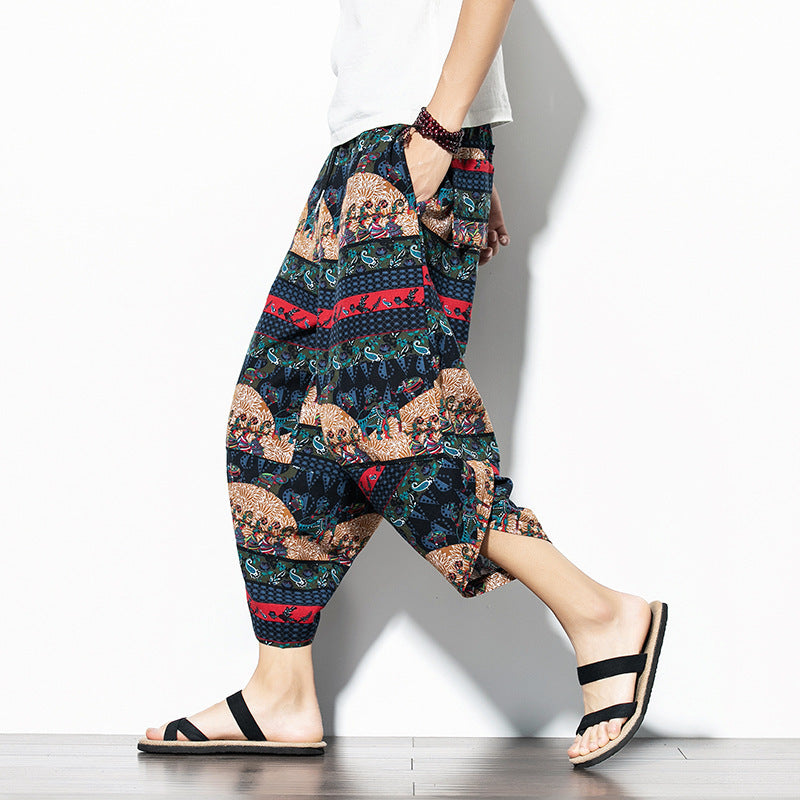 Printed Baggy Cotton Linen Cropped Pants