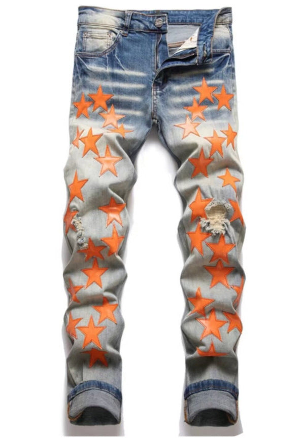 Punk Retro Blue Ripped Slim Fit Men's Jeans