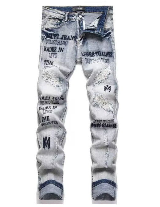 Punk Retro Blue Ripped Slim Fit Men's Jeans