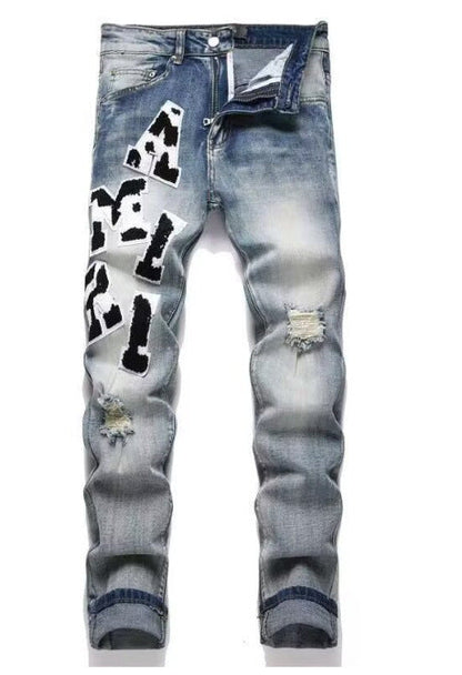 Punk Retro Blue Ripped Slim Fit Men's Jeans