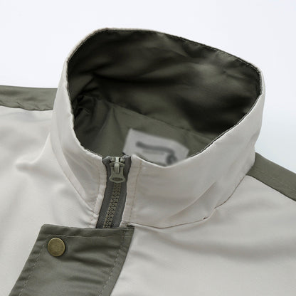 European And American Color Contrast Patchwork Workwear Stand-up Collar Jacket