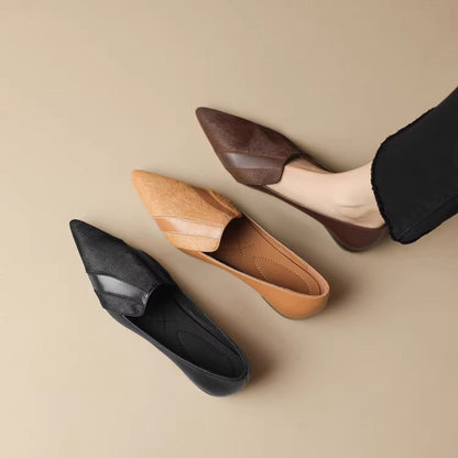Stitched Leather Pointed Low-Cut Shoes