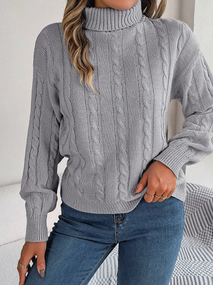 Cable-Knit Turtleneck Dropped Shoulder Sweater