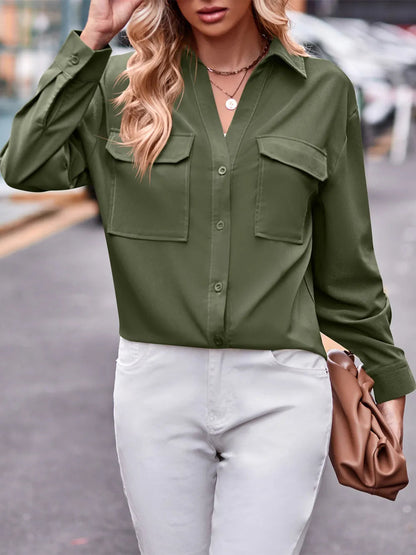 Casual and fashionable double pocket loose long sleeved solid color shirt