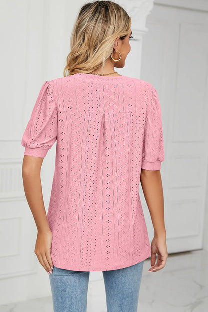 Casual V-neck solid color hollow bubble sleeve loose T-shirt top for women