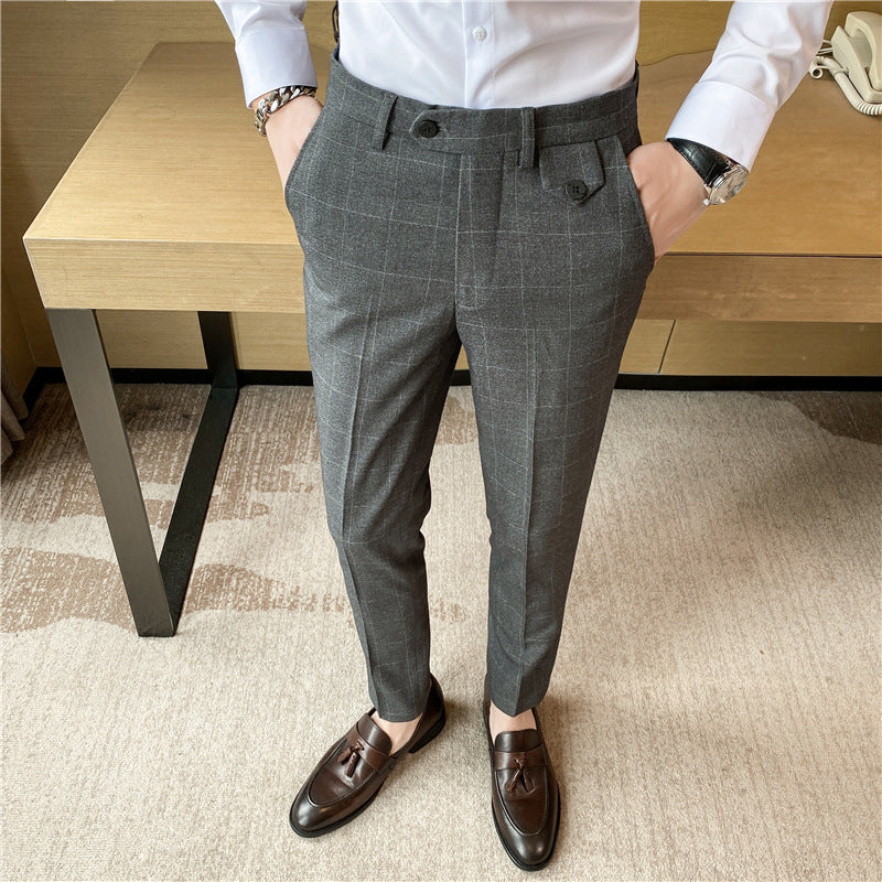Korean Style British Checkered Slim Fit Men's Suit Pants