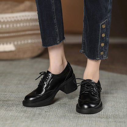 Women's Autumn New Carved Lace-up Round Head British Black Chunky Heel Shoes