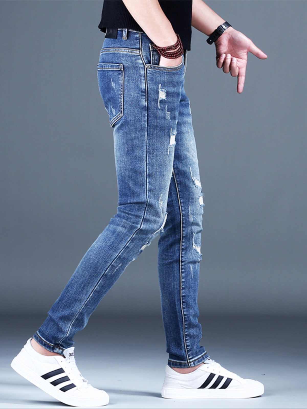 Ripped Fleece Slim-fit Stretch Jeans