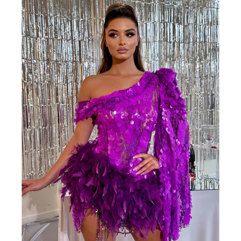 Purple Feather Sequin Dress