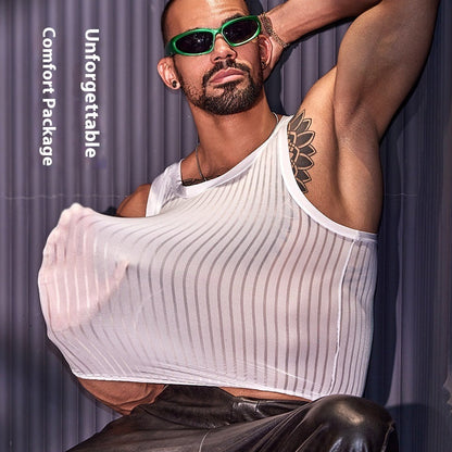 New Men's Cross-strap Striped Thin Transparent Elastic Vest