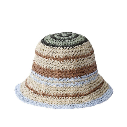 Striped Handmade Crocheted Rainbow Straw Hat For Women Foldable Sun-proof