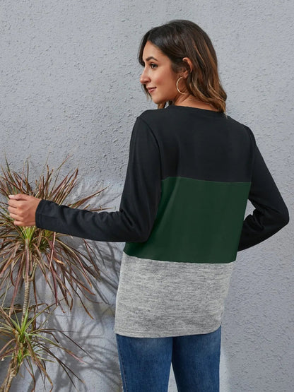 Color Block Round Neck Long Sleeve T-Shirt