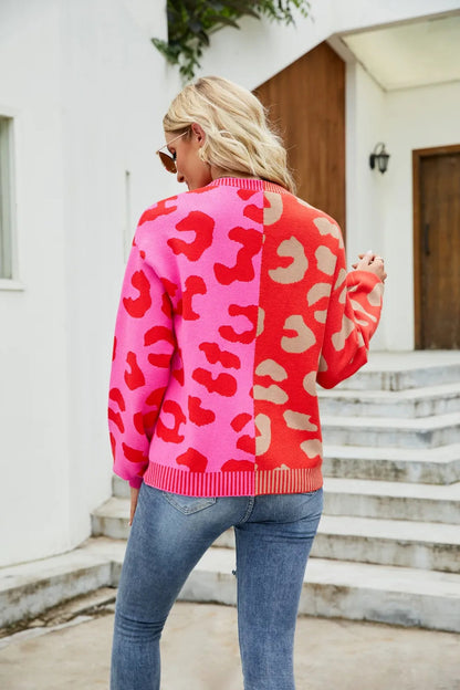 Color blocked leopard print V-neck single breasted cardigan sweater