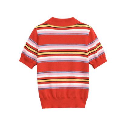 Color blocking striped knit sweater+skirt set for women