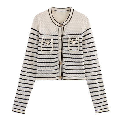 Color blocking striped women's knitted sweater top+striped hollow knitted skirt set for women
