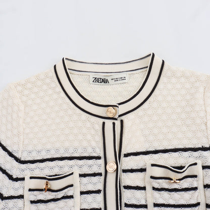 Color blocking striped women's knitted sweater top+striped hollow knitted skirt set for women
