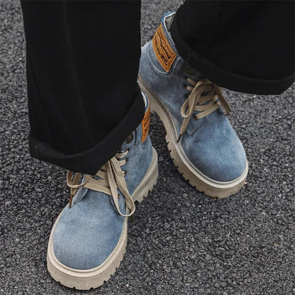 Cowboy boots new autumn thick soled Martin boots fashionable retro washed high top big toe shoes for men
