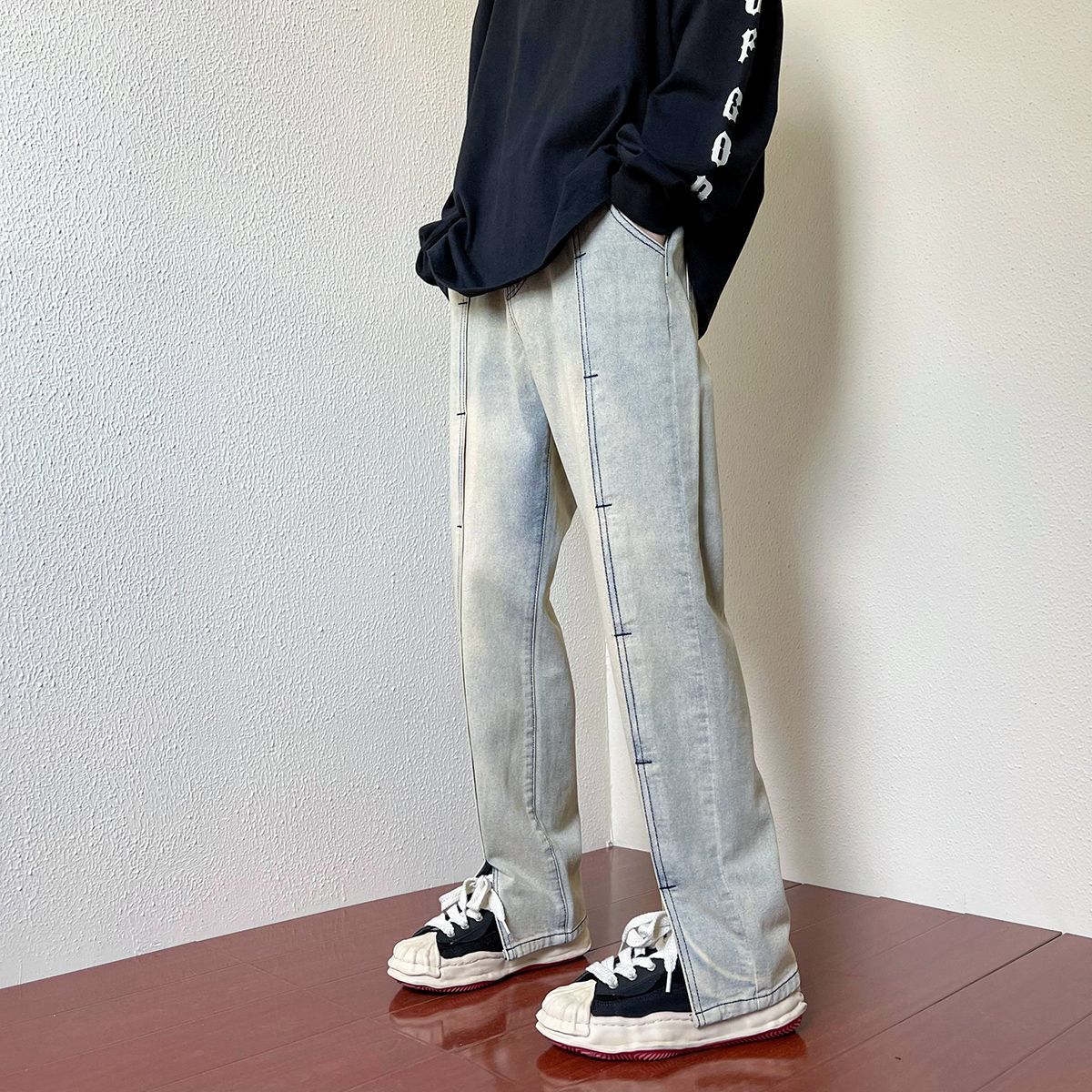High-end Wide Leg Slimming Motorcycle Stitching Jeans