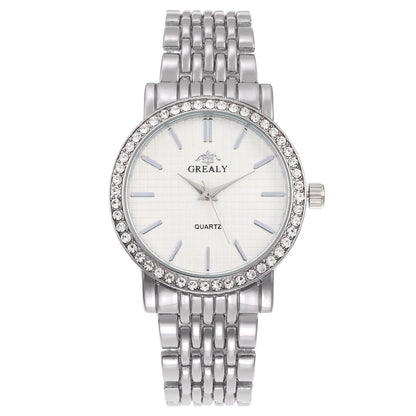 Simple Casual Quartz Watch with Steel Strap and Diamond Detailing