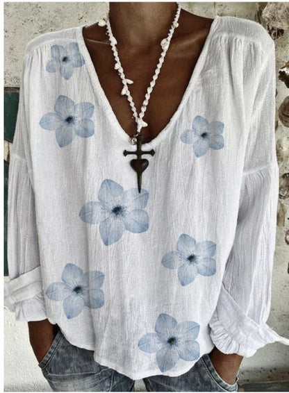 Solid Color And V-neck Long-sleeved Exquisite Linen T-shirt Shirt