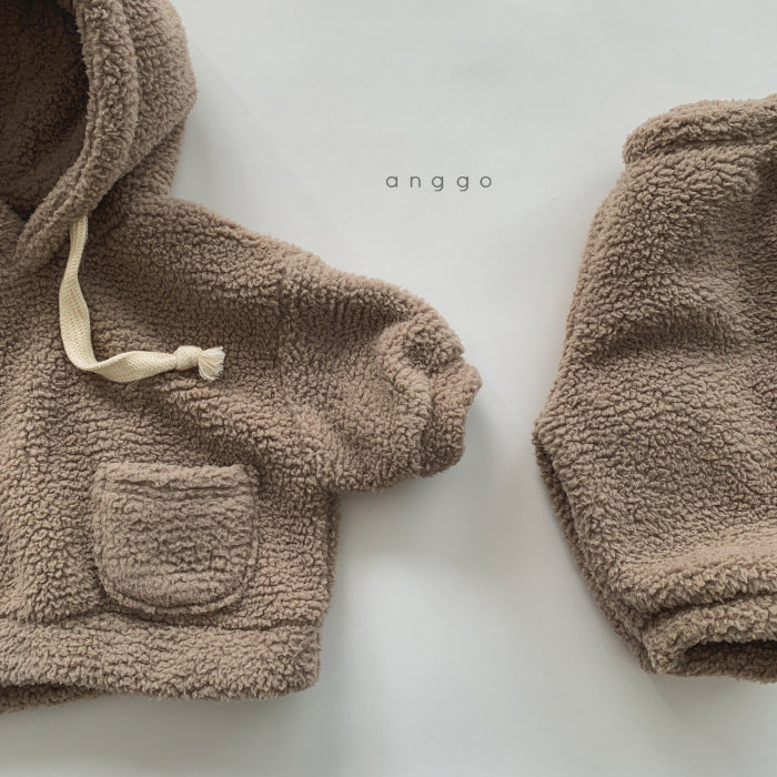 Children's Soft Plush Suit Boys And Girls Warm And Thick Hooded Sweater Pants Two-piece Suit