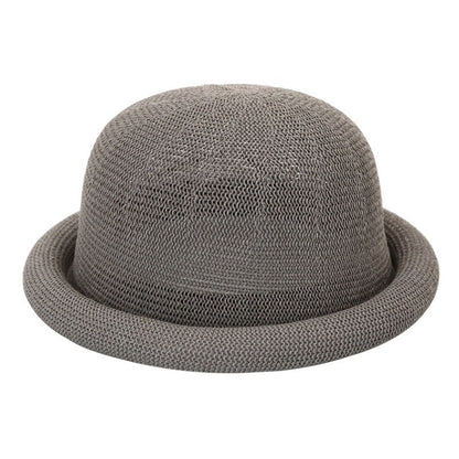 Women's Straw Yarn Curled Brim Round Crown Top Hat Leisure Basin Hat
