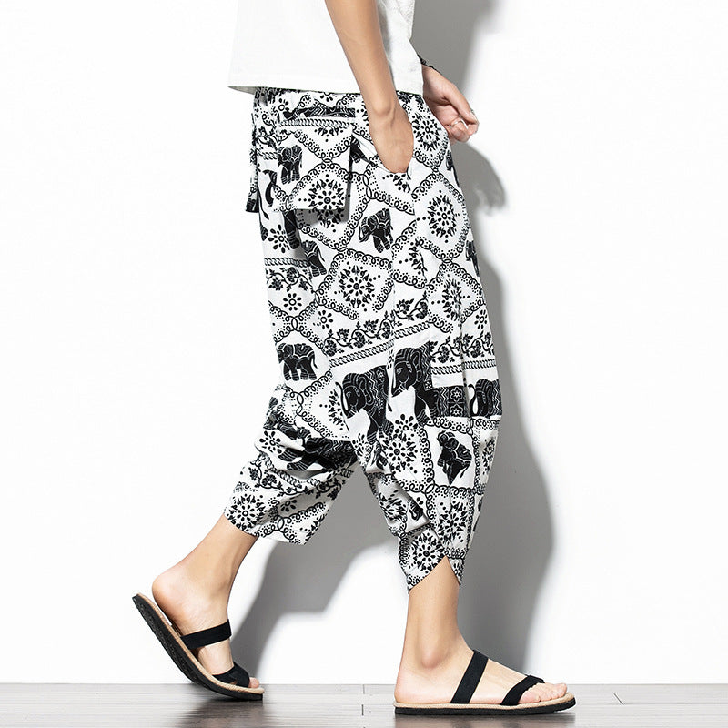 Printed Baggy Cotton Linen Cropped Pants