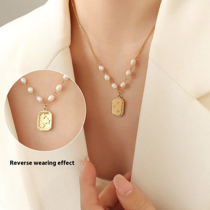 Square Inlaid Diamond Reversible Pendant Freshwater Pearl Necklace
