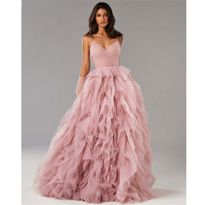 Evening Gown Prom Irregular Spaghetti-strap Mesh Long Dress