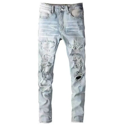 Punk Retro Blue Ripped Slim Fit Men's Jeans
