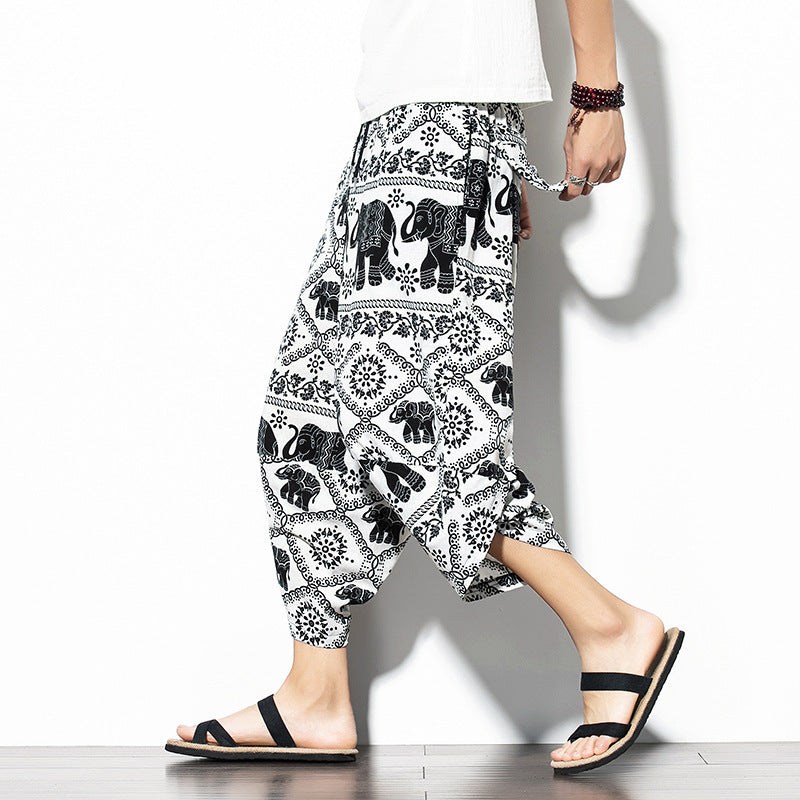 Printed Baggy Cotton Linen Cropped Pants