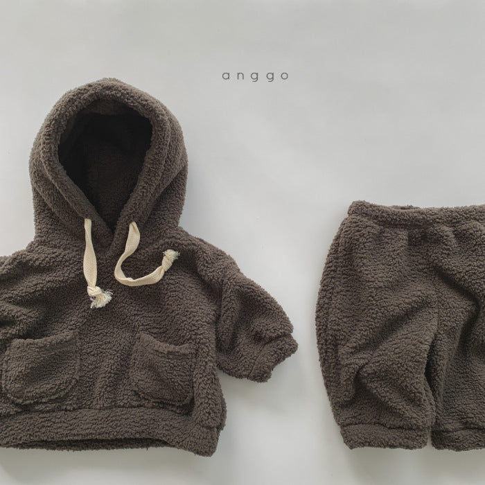 Children's Soft Plush Suit Boys And Girls Warm And Thick Hooded Sweater Pants Two-piece Suit