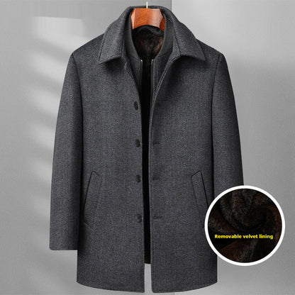Men's Woolen Coat Mid-length Fleece Plaid Detachable Double Collar