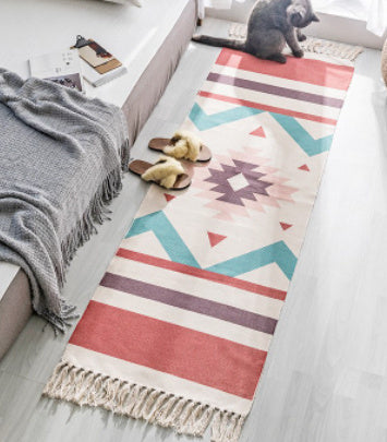 Hand Woven Cotton Linen Bohemian Rug Long Geometric Floor Accessory