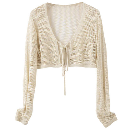 Women's Summer Short Hollow-out Mesh Shirt Ice Silk Shawl Blouse Cardigan