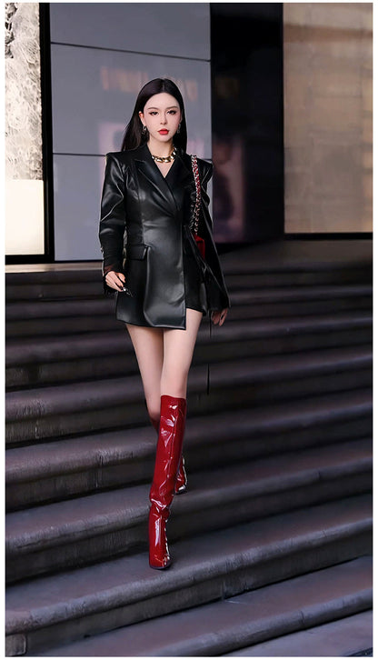 Black PU Leather Suit Jacket For Women