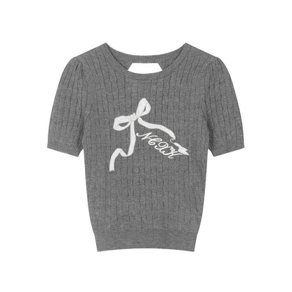 Bow Embroidered Hollow-Out Short Sweater