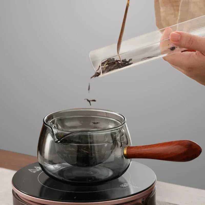 Rotary Glass Teapot with Infuser and Wooden Handle