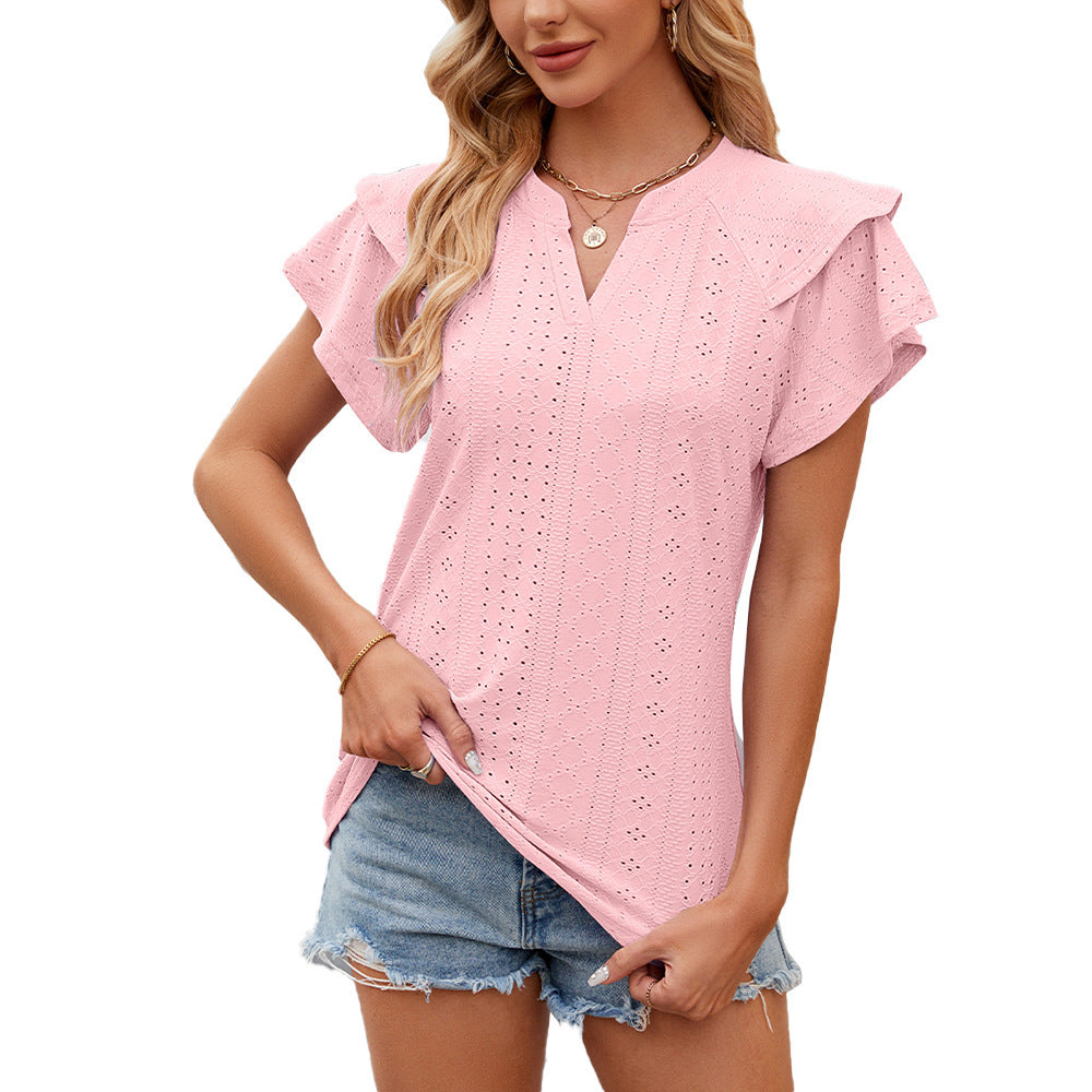 Solid Color Double-layer Sleeve V-neck Loose Short Sleeve T-shirt Top