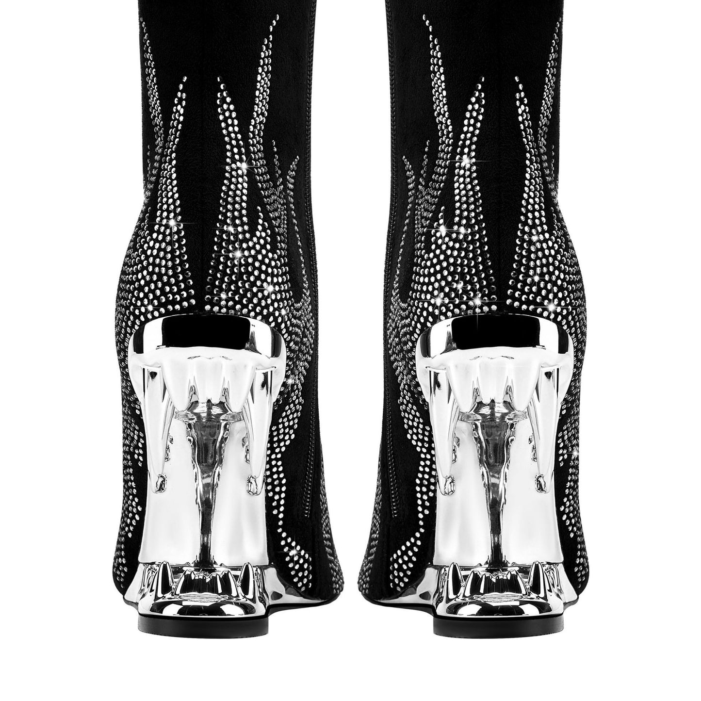 Rhinestone Flame Stretch Boots Tiger Tooth Heel
