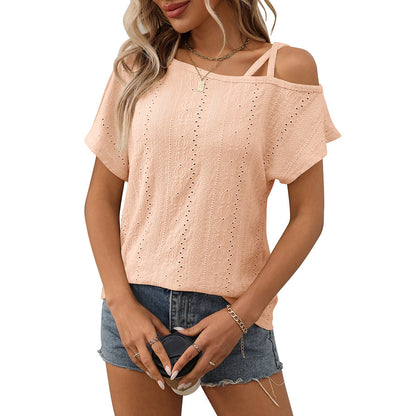 European and American one shoulder short sleeved T-shirt hollowed out top for women