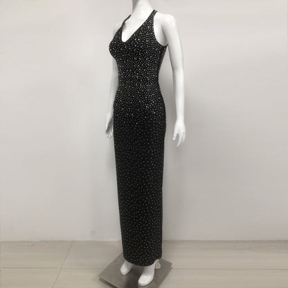 European and American sexy fashion socialite temperament hot diamond suspender backless long dress women's dress
