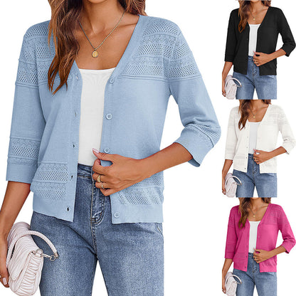 European and American shawl hollow knitted V-neck cardigan